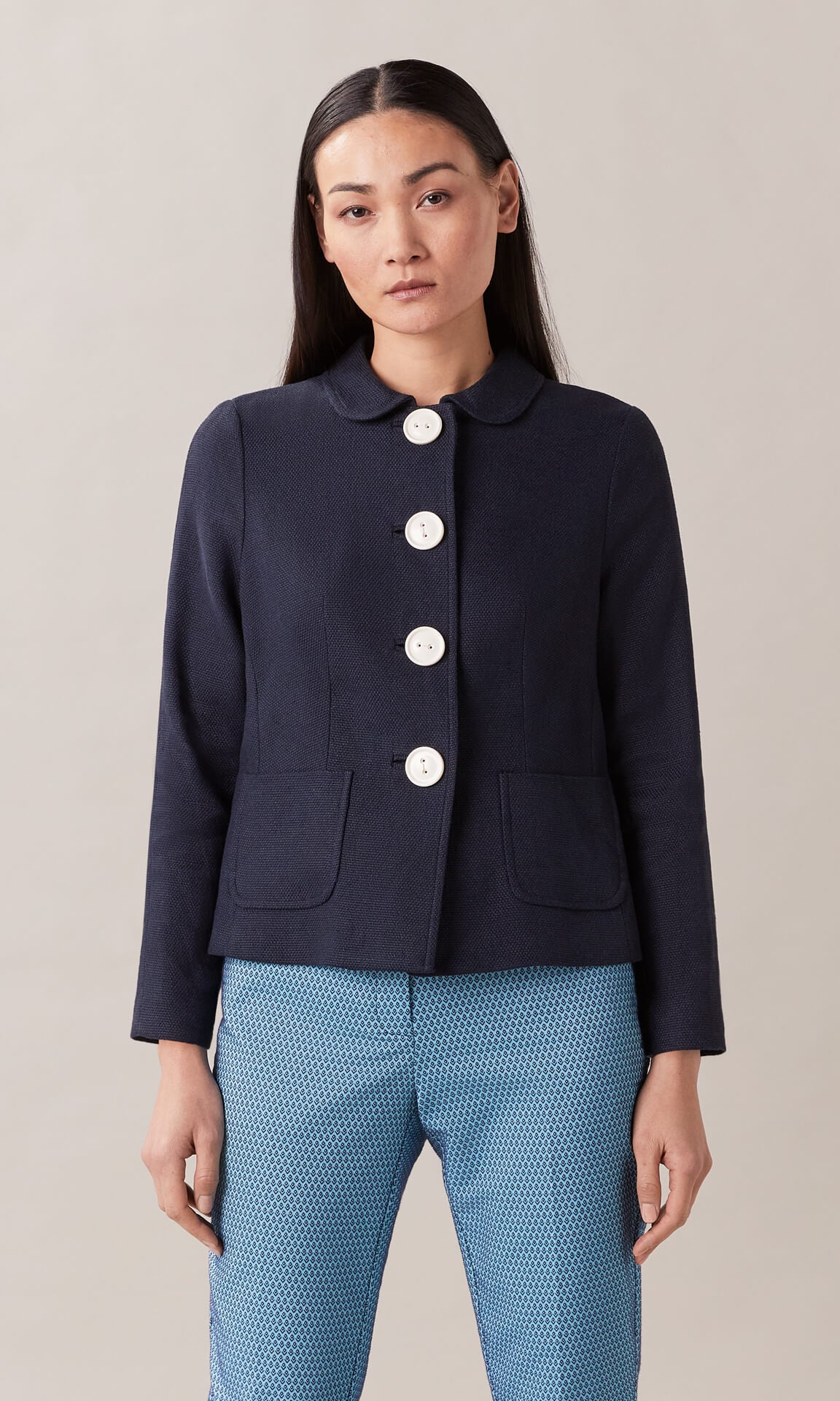 Women s Designer Jackets Navy Cropped Jacket Linen Cotton