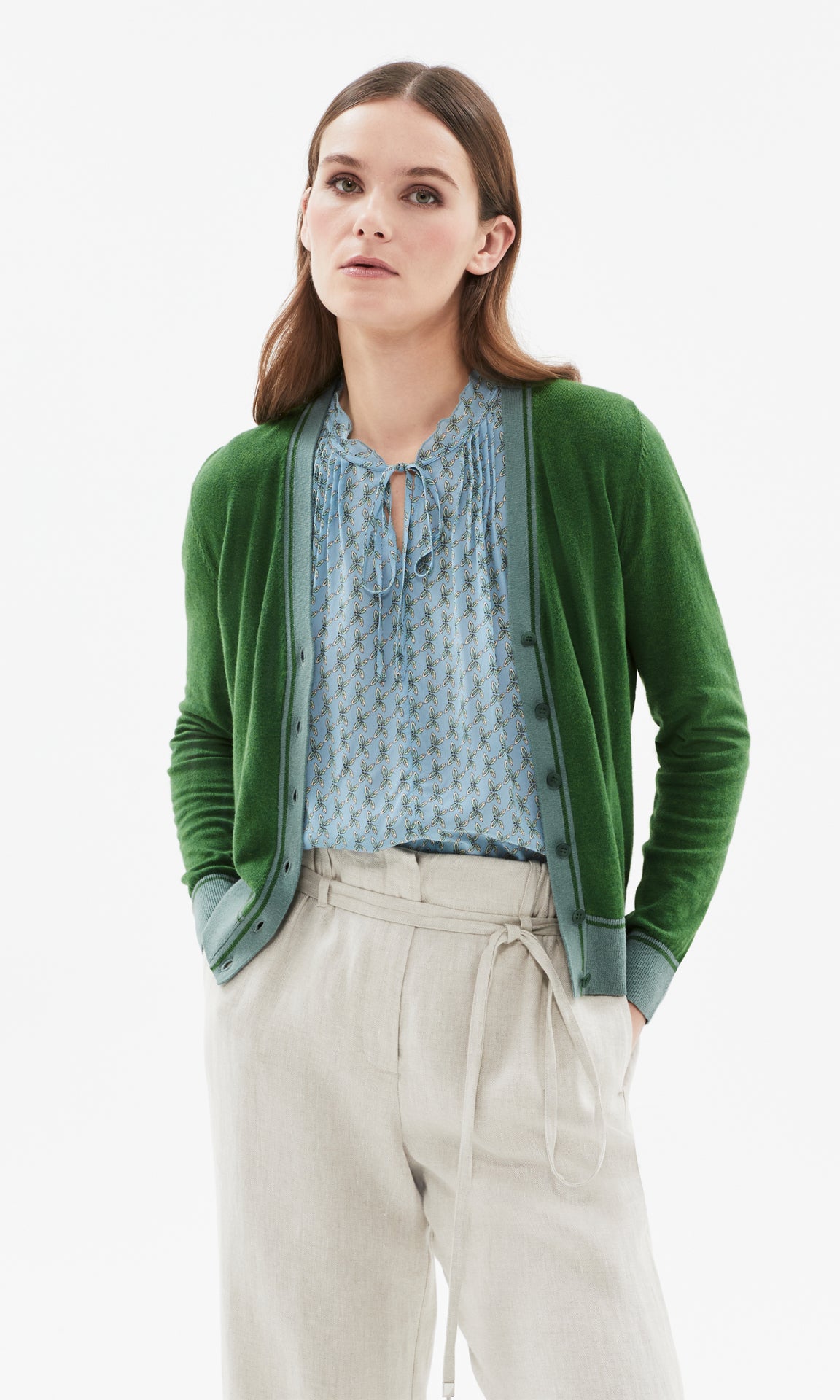 Piemonte Tipped Cardigan Grass/Soft Aqua