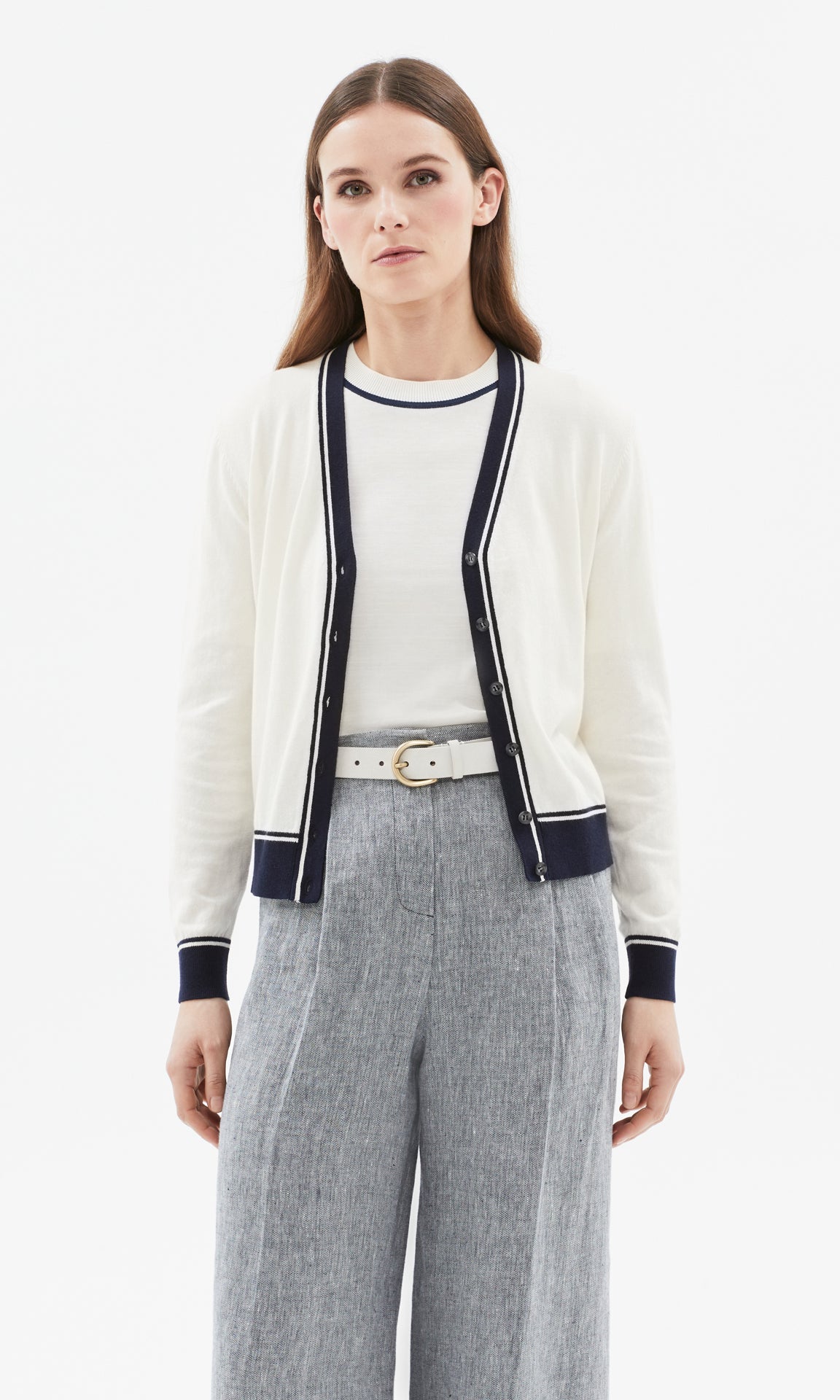 Piemonte Tipped Cardigan Ivory/Navy