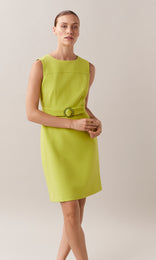 Evelyn wool blend 60s inspired belted round neck sleeveless shift mini dress with two-tone contrast buckle in chartreuse lime green