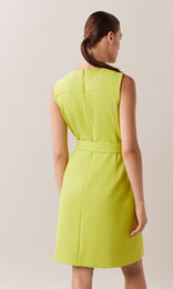 Evelyn wool blend 60s inspired belted round neck sleeveless shift mini dress with two-tone contrast buckle in chartreuse lime green