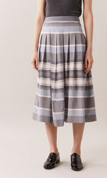 Romola textured shot effect viscose gathered pleat midi skirt in steel grey, crème ivory white and charcoal grey wide striped pattern
