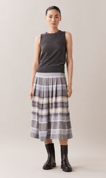 Romola textured shot effect viscose gathered pleat midi skirt in steel grey, crème ivory white and charcoal grey wide striped pattern
