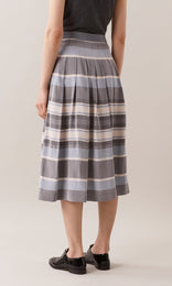 Romola textured shot effect viscose gathered pleat midi skirt in steel grey, crème ivory white and charcoal grey wide striped pattern