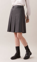 Romsey luxurious Italian wool blend mélange flannel belted high waist pleated knee length skirt with topstitch detailing in charcoal grey