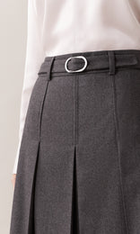 Romsey luxurious Italian wool blend mélange flannel belted high waist pleated knee length skirt with topstitch detailing in charcoal grey