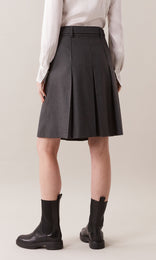 Romsey luxurious Italian wool blend mélange flannel belted high waist pleated knee length skirt with topstitch detailing in charcoal grey