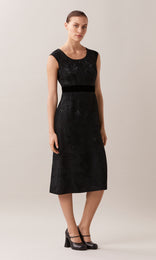 Rosemoyne luxurious Italian viscose jacquard high waist wide leg trouser with refined silk satin contrast waistband in black floral jacquard print