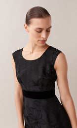 Rosemoyne luxurious Italian viscose jacquard high waist wide leg trouser with refined silk satin contrast waistband in black floral jacquard print