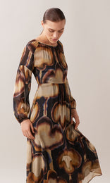 Camille sheer silk georgette round neck billowing long sleeve flowy midi dress in bronze and tan brown watercolour print