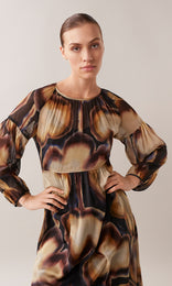 Camille sheer silk georgette round neck billowing long sleeve flowy midi dress in bronze and tan brown watercolour print