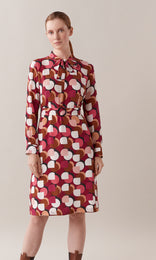 Redcliffe luxurious pure Italian silk crepe de chine belted neck tie long sleeve midi shift dress in rhubarb red, berry and crème ivory white graphic geometric print