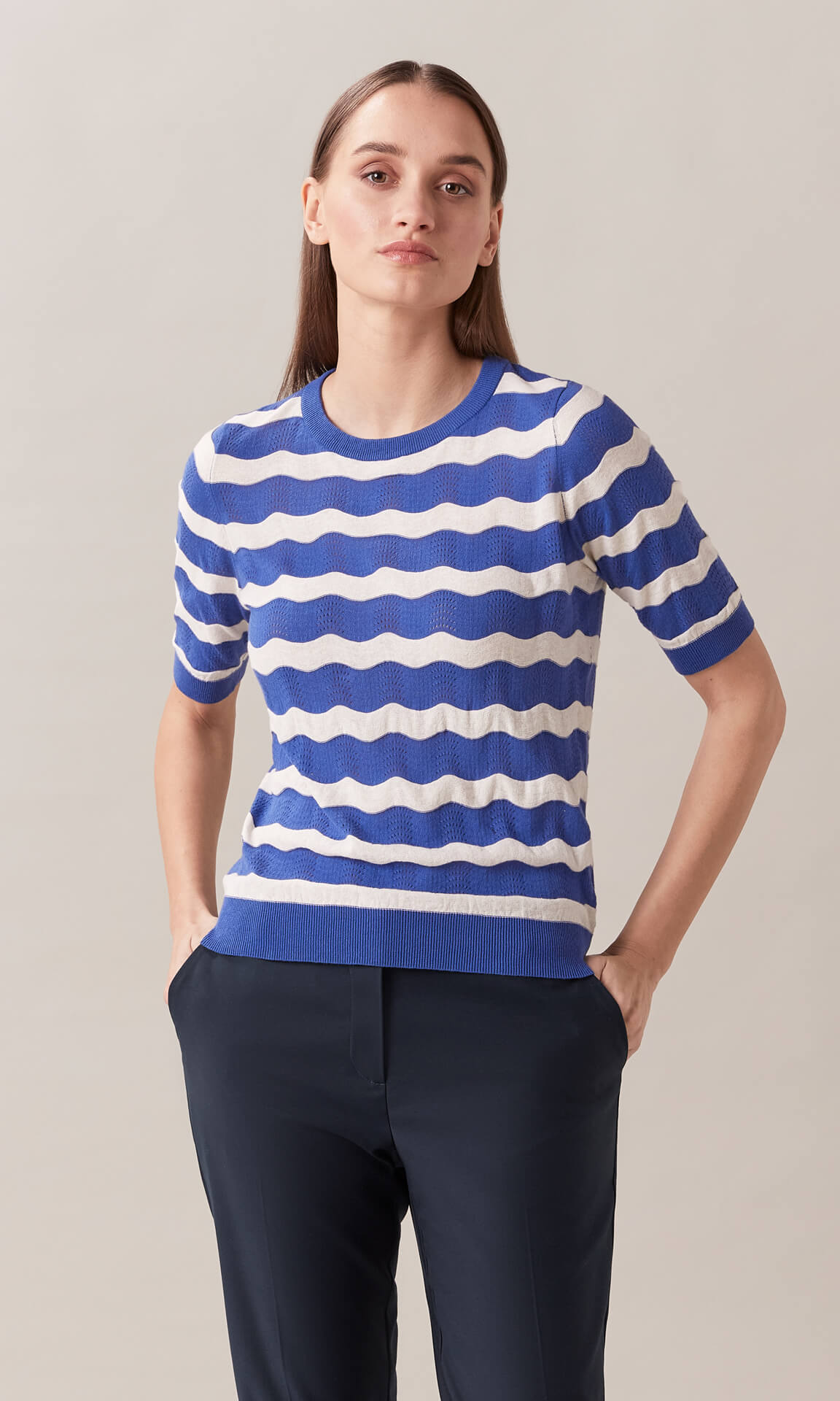Rocca Crew Neck Jumper, Knit Tops, Blue Top, Knit Top, t shirt blue top, work top, womens workwear, knit sweater, knitted top - Rocca 100% Cotton (High Twist) Round Neck 3/4 Sleeve Knitted Pullover In Cobalt Blue And White Wavy Print