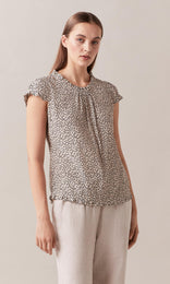Astrid Womens Blouses silk top beige Top Silk Blouse short sleeve top floral blouse summer top work top Work Tops Women white top floral top short sleeve tops work blouse