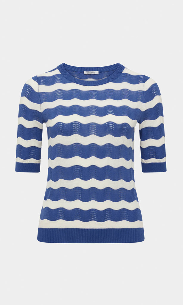Rocca Crew Neck Jumper, Knit Tops, Blue Top, Knit Top, t shirt blue top, work top, womens workwear, knit sweater, knitted top - Rocca 100% Cotton (High Twist) Round Neck 3/4 Sleeve Knitted Pullover In Cobalt Blue And White Wavy Print