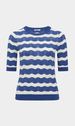 Rocca Crew Neck Jumper, Knit Tops, Blue Top, Knit Top, t shirt blue top, work top, womens workwear, knit sweater, knitted top - Rocca 100% Cotton (High Twist) Round Neck 3/4 Sleeve Knitted Pullover In Cobalt Blue And White Wavy Print