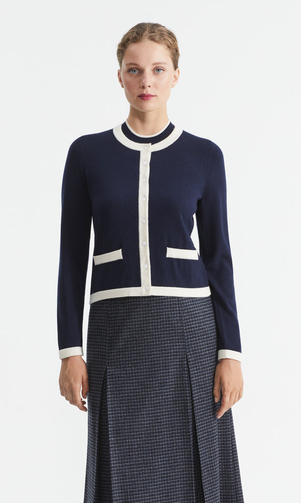 Roslin Merino Tipped Cardi Navy/Creme