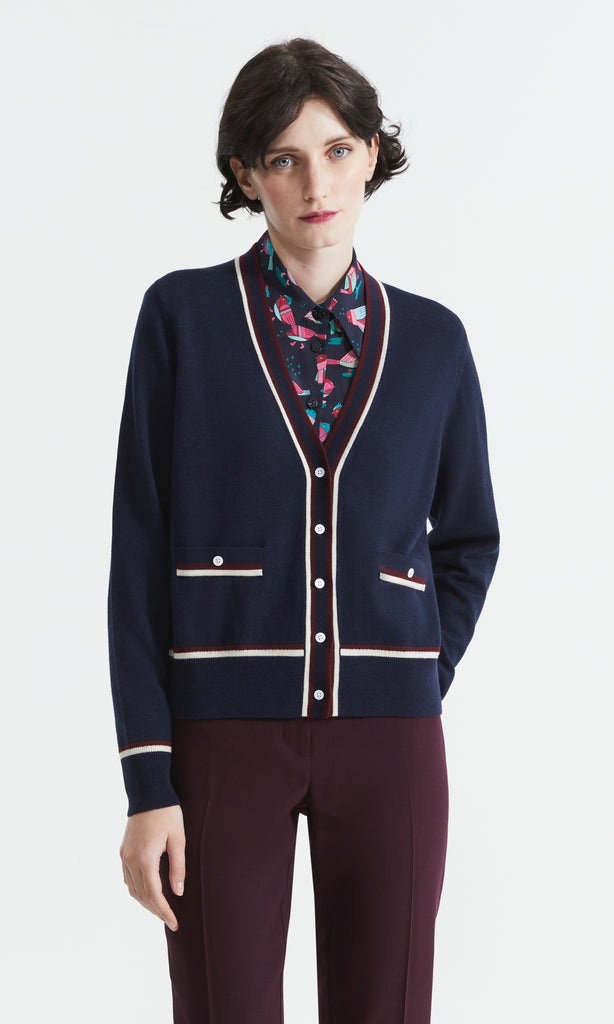 Roslin Merino Vee Cardi Navy/Creme/Bord