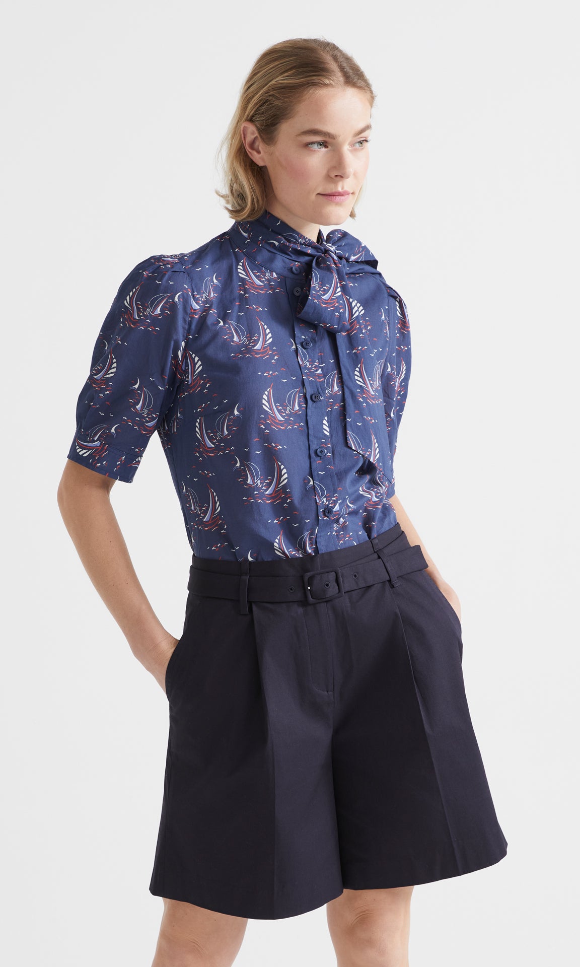 Vela SS Bow front Blouse  Navy