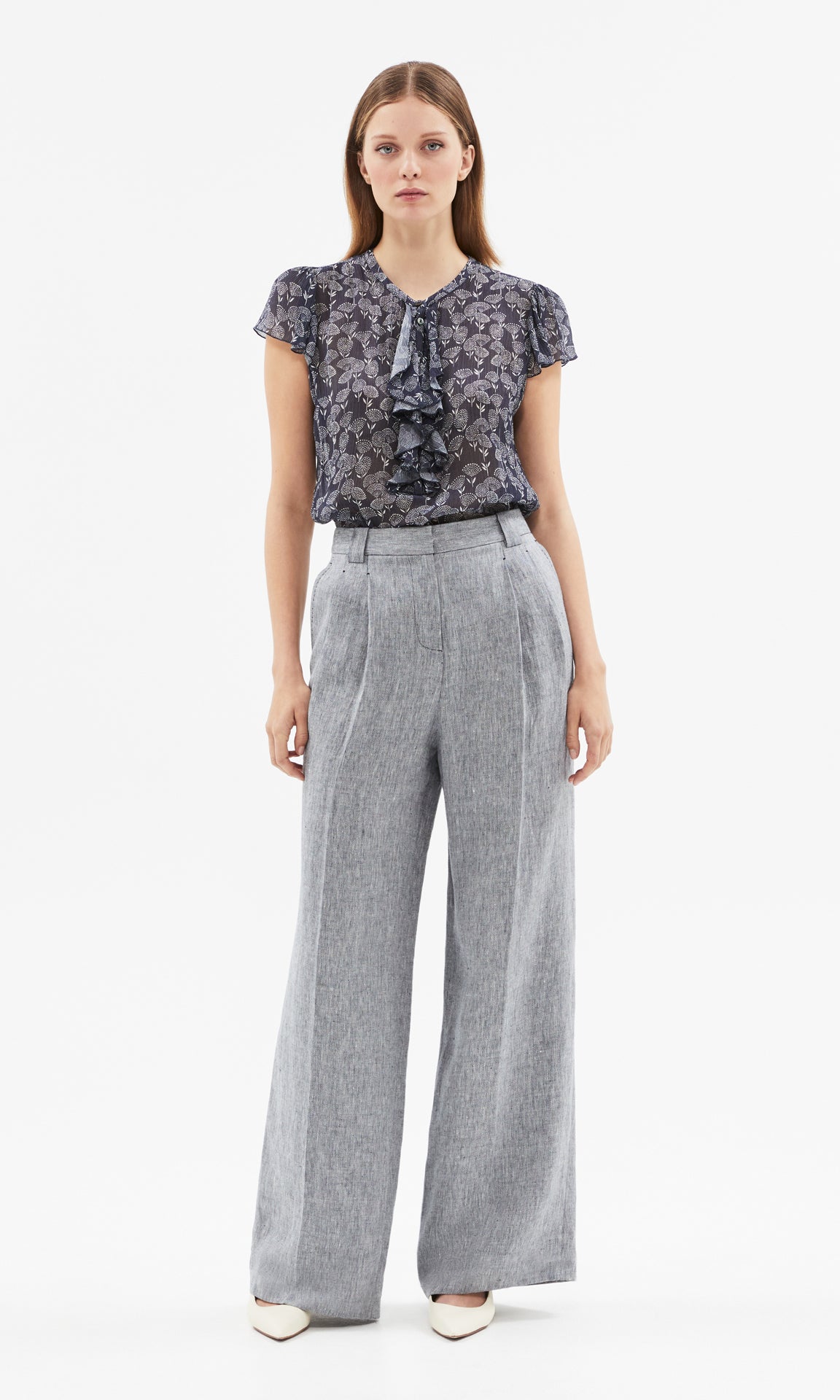 Iseo Ruffle Front Top Navy/White