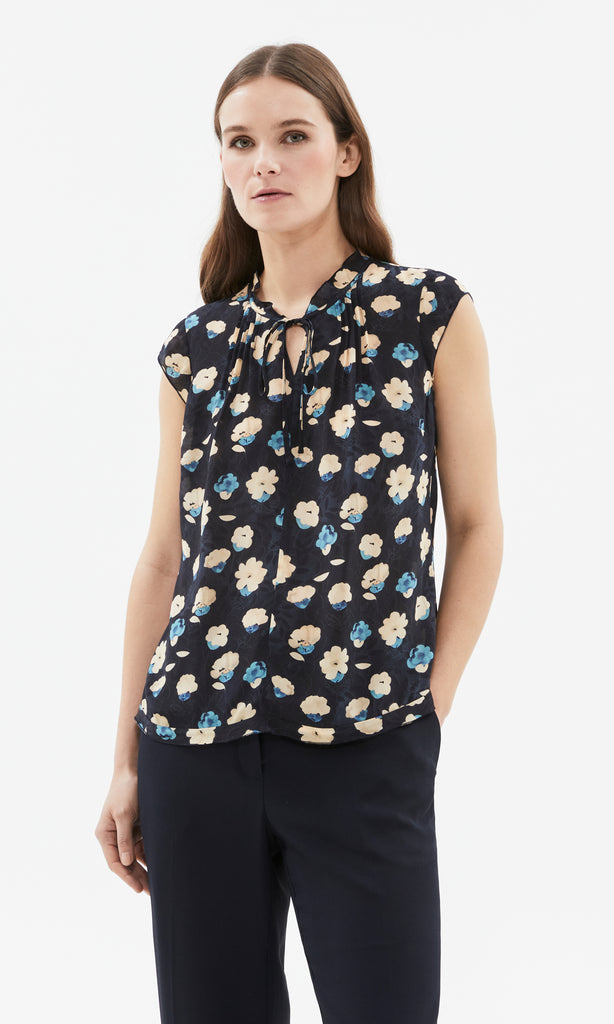 Ischia Ruffle Neck Top Navy/Chalk