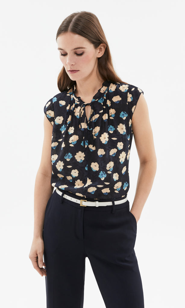 Ischia Ruffle Neck Top Navy/Chalk