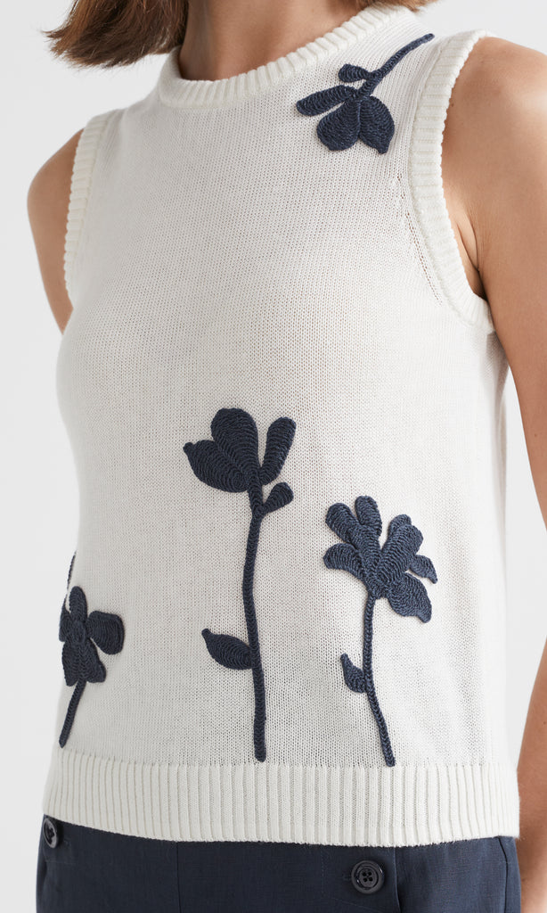 Salina Tank Ivory/Denim Flower