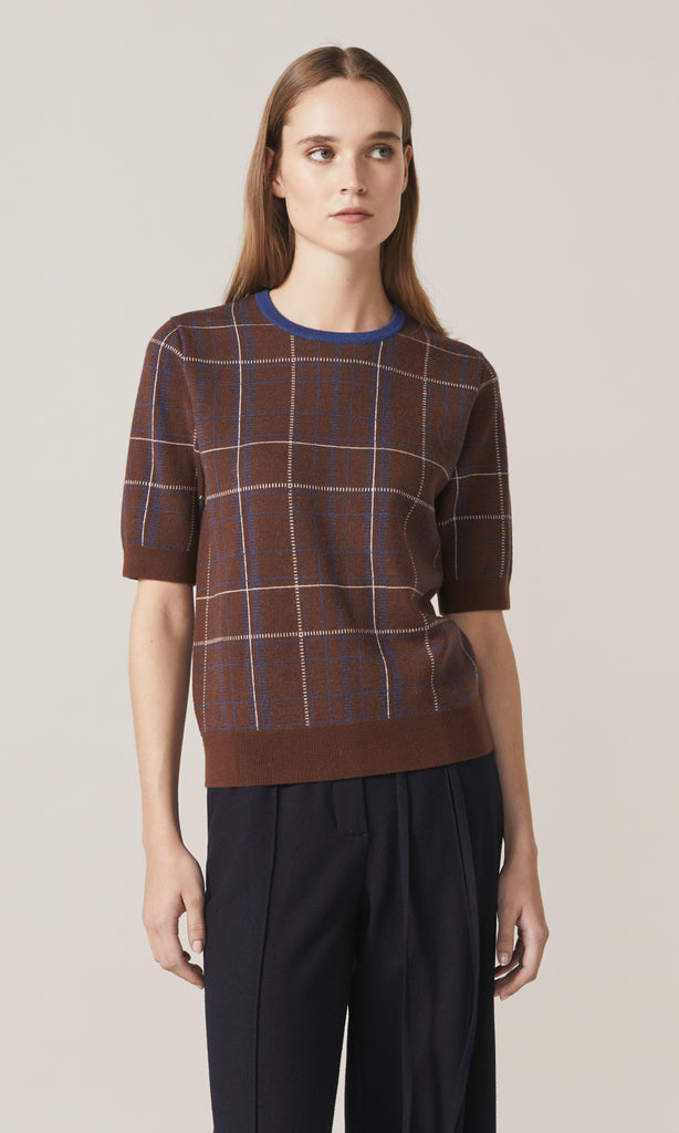 Fisher Plaid Merino Crew Brown