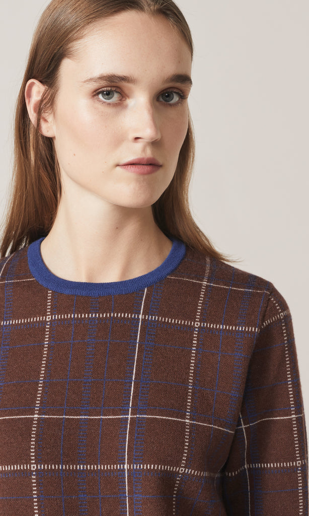Fisher Plaid Merino Crew Brown