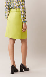Evelyn wool blend 60s inspired belted A-line skirt mini skirt with two-tone contrast buckle in chartreuse lime green
