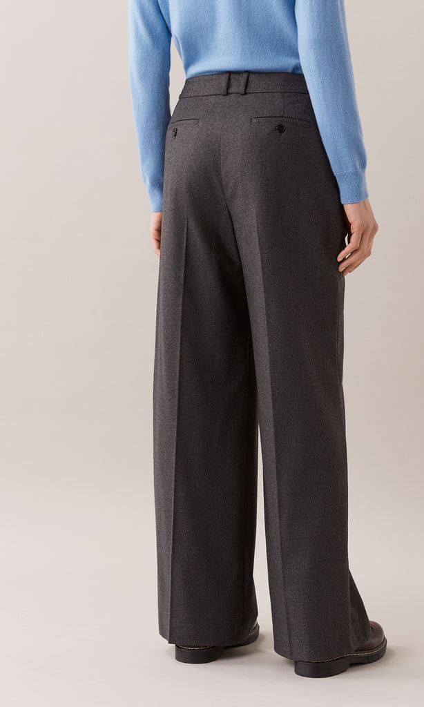 Romsey luxurious Italian wool blend mélange flannel mid rise wide leg tailored trouser with soft waist pleats in charcoal grey