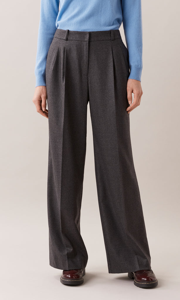 Romsey luxurious Italian wool blend mélange flannel mid rise wide leg tailored trouser with soft waist pleats in charcoal grey