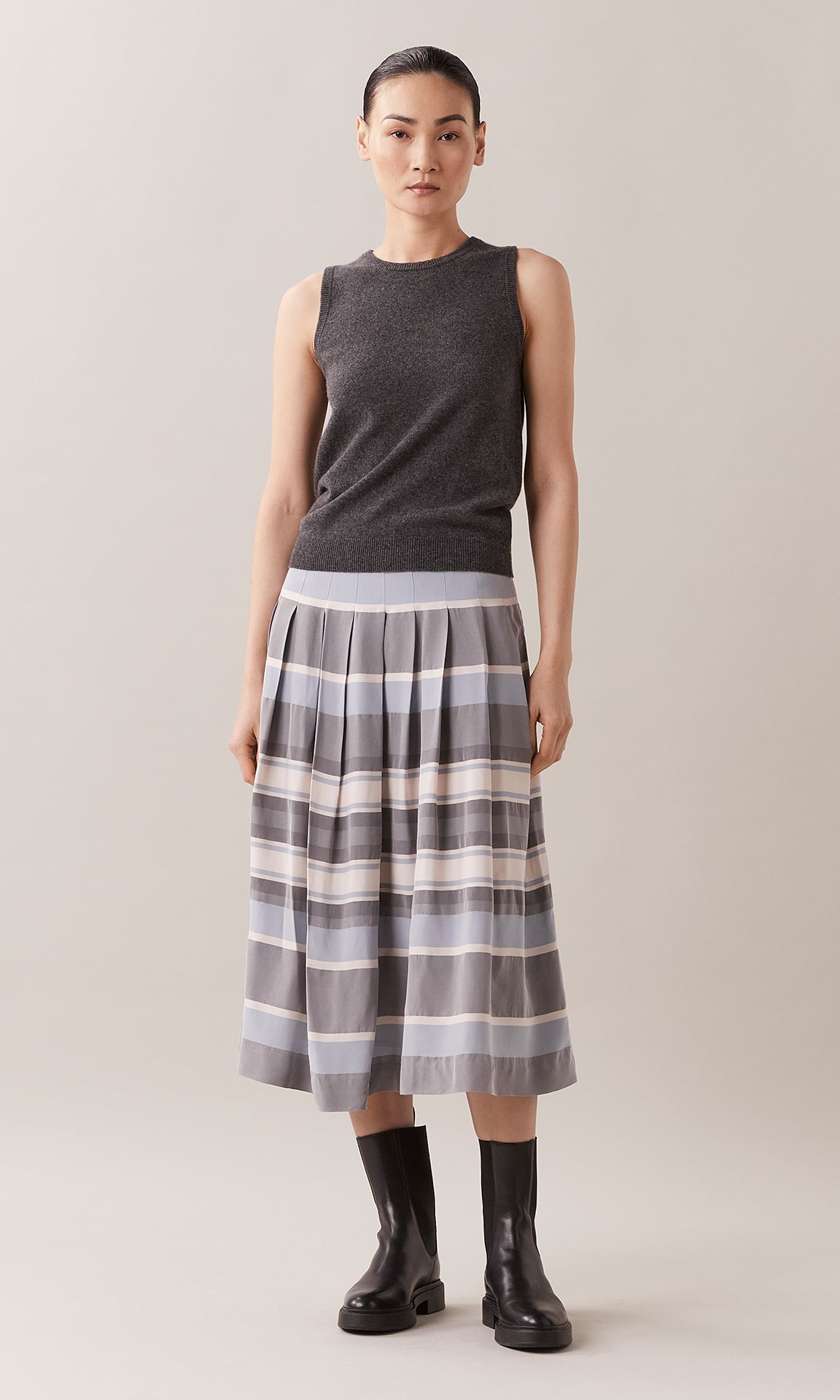 Romola textured shot effect viscose gathered pleat midi skirt in steel grey, crème ivory white and charcoal grey wide striped pattern