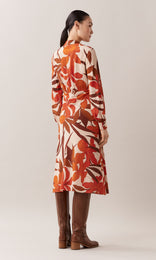 Mirabello luxurious pure silk neck tie V-neck long bishop cuff sleeve wrap bodice A-line midi dress in burnt orange, red, chestnut brown and camel floral print 