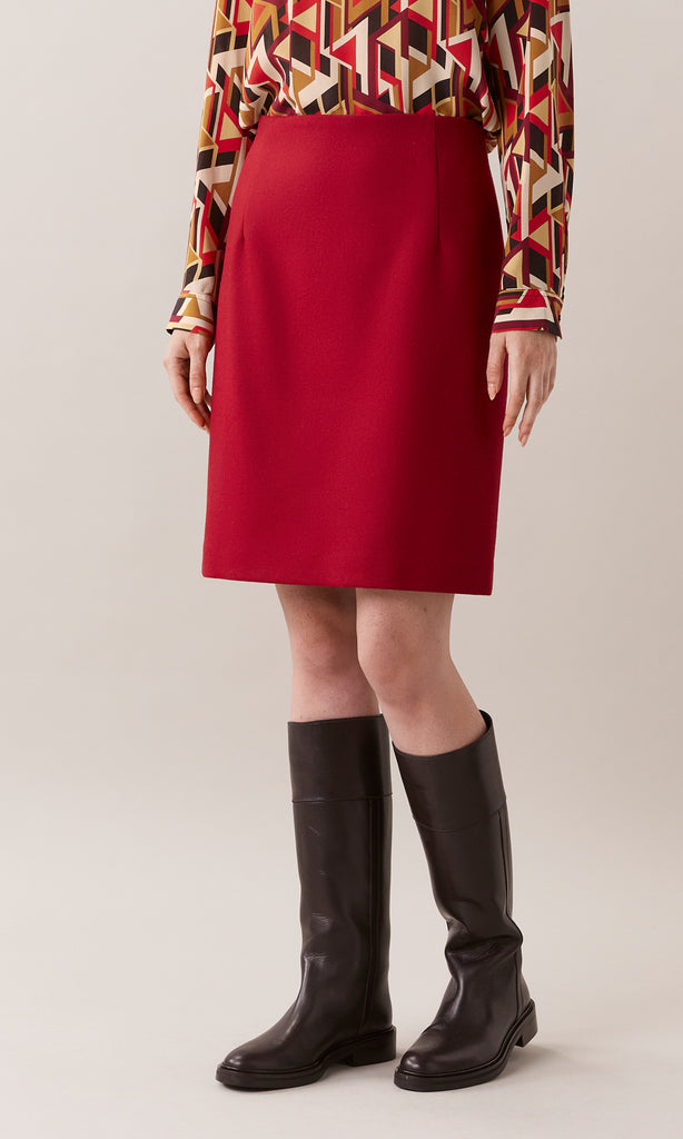 Clifton luxurious wool melton A-line knee length mini skirt in red
