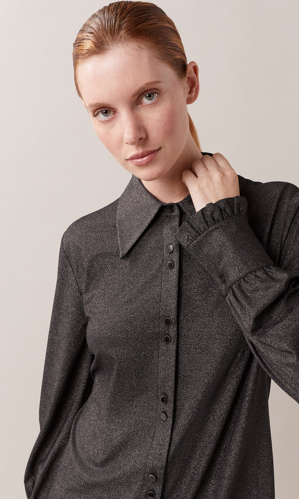 Luccia luxurious stretch viscose sparkle wide sleeve cuff and ruffle sleeve hem collared button down shirt with sparkle edged button detail in black