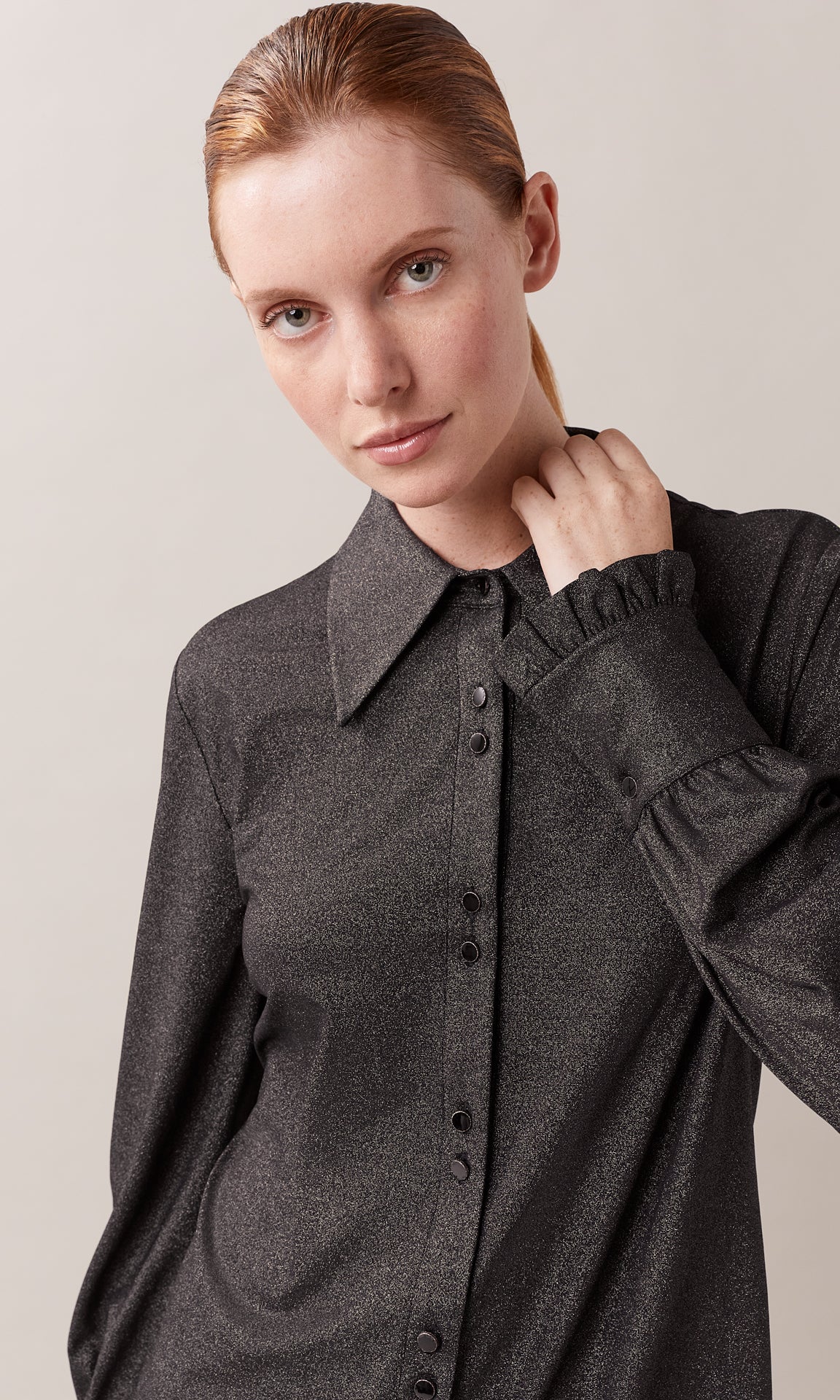 Luccia luxurious stretch viscose sparkle wide sleeve cuff and ruffle sleeve hem collared button down shirt with sparkle edged button detail in black