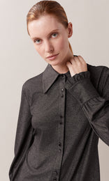 Luccia luxurious stretch viscose sparkle wide sleeve cuff and ruffle sleeve hem collared button down shirt with sparkle edged button detail in black