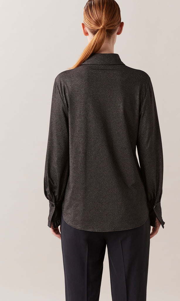 Luccia luxurious stretch viscose sparkle wide sleeve cuff and ruffle sleeve hem collared button down shirt with sparkle edged button detail in black