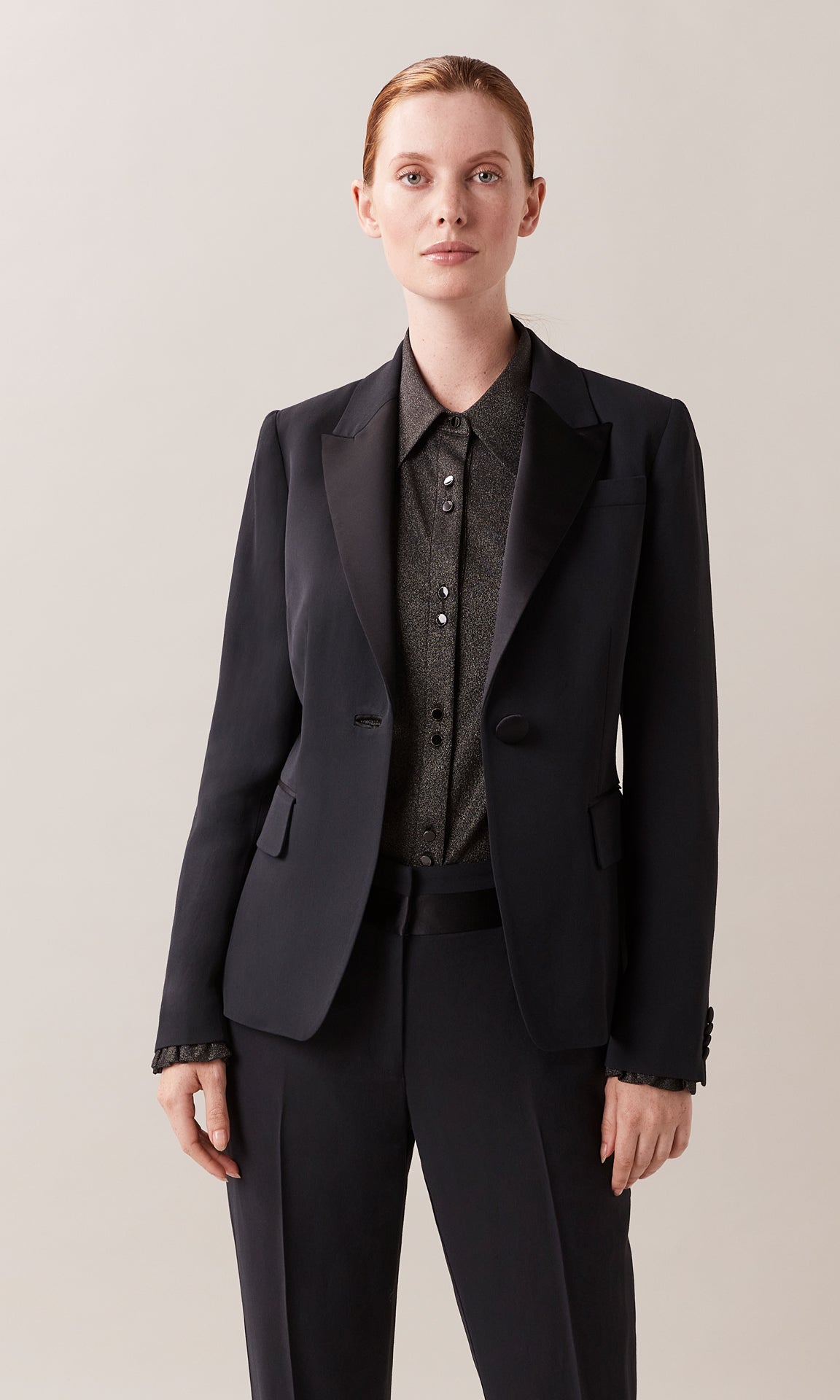 Duke luxurious Italian sleek wool blend modern long line one button peaked lapel collar blazer tuxedo jacket with sateen contrast lapel and covered buttons in black