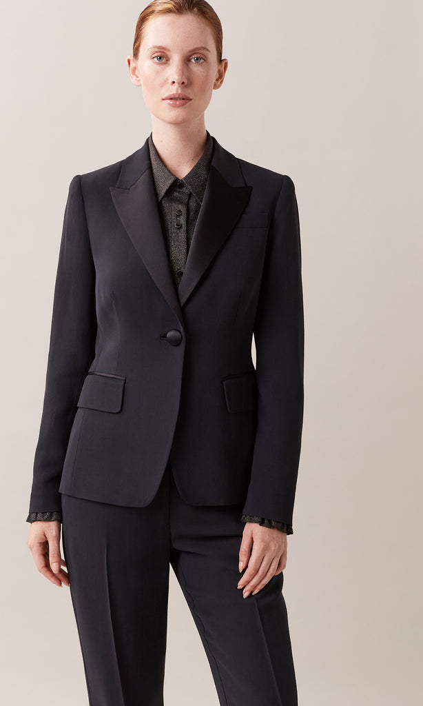 Duke luxurious Italian sleek wool blend modern long line one button peaked lapel collar blazer tuxedo jacket with sateen contrast lapel and covered buttons in black
