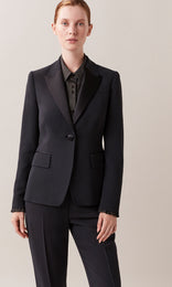 Duke luxurious Italian sleek wool blend modern long line one button peaked lapel collar blazer tuxedo jacket with sateen contrast lapel and covered buttons in black