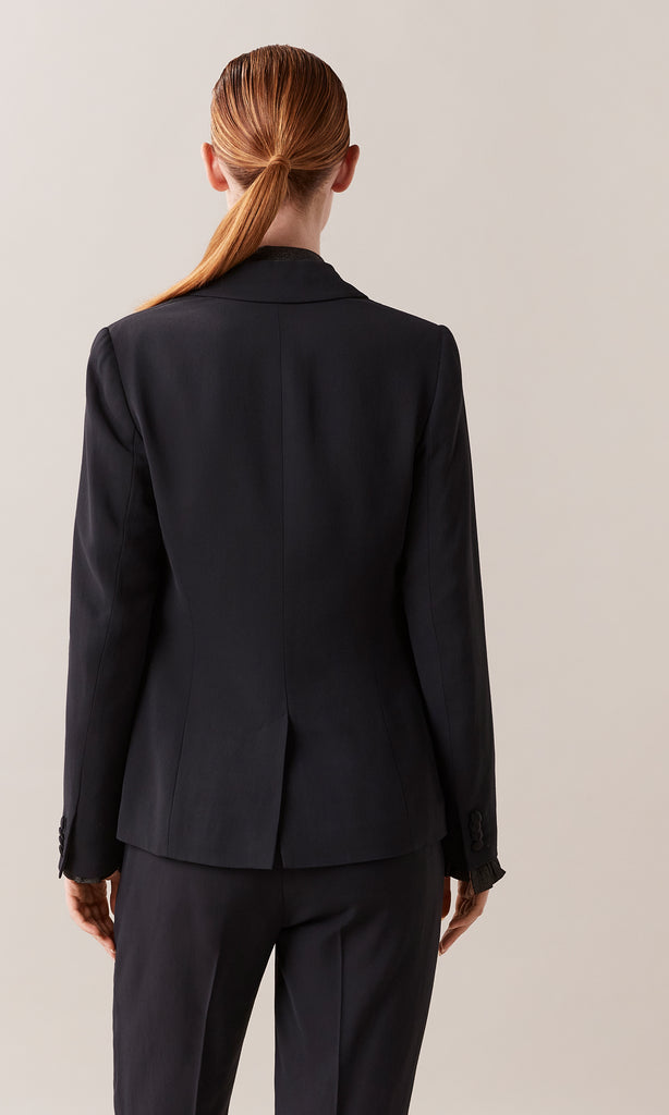 Duke luxurious Italian sleek wool blend modern long line one button peaked lapel collar blazer tuxedo jacket with sateen contrast lapel and covered buttons in black