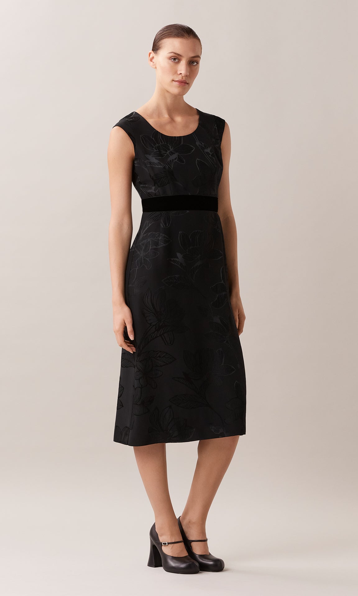 Rosemoyne luxurious Italian viscose jacquard high waist wide leg trouser with refined silk satin contrast waistband in black floral jacquard print