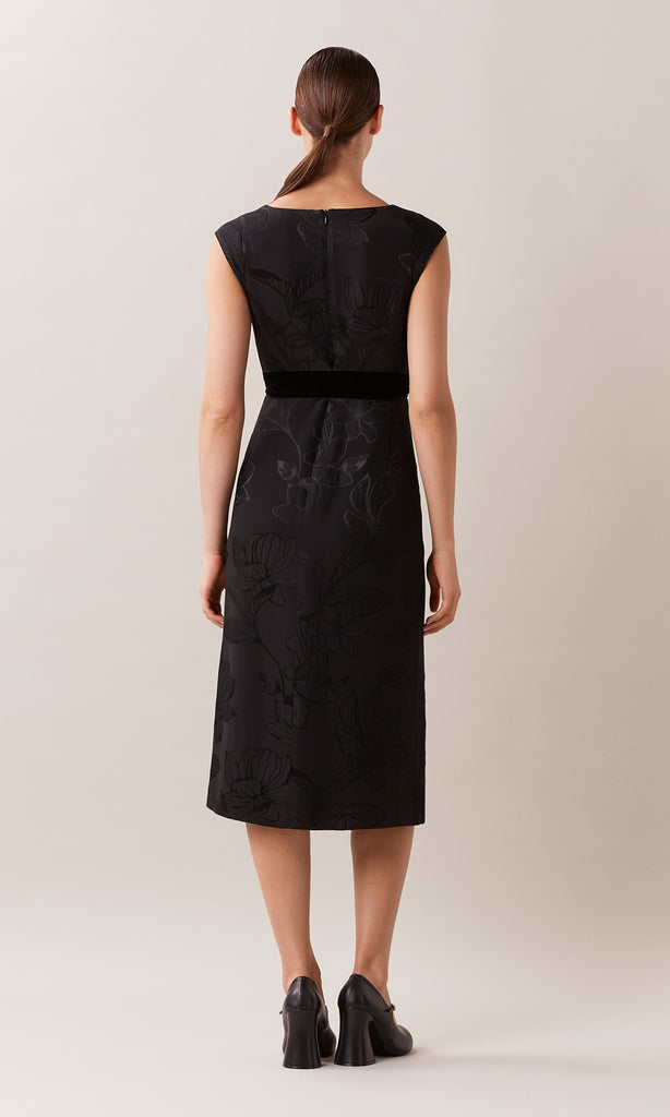 Rosemoyne luxurious Italian viscose jacquard high waist wide leg trouser with refined silk satin contrast waistband in black floral jacquard print
