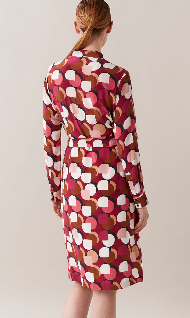 Redcliffe luxurious pure Italian silk crepe de chine belted neck tie long sleeve midi shift dress in rhubarb red, berry and crème ivory white graphic geometric print