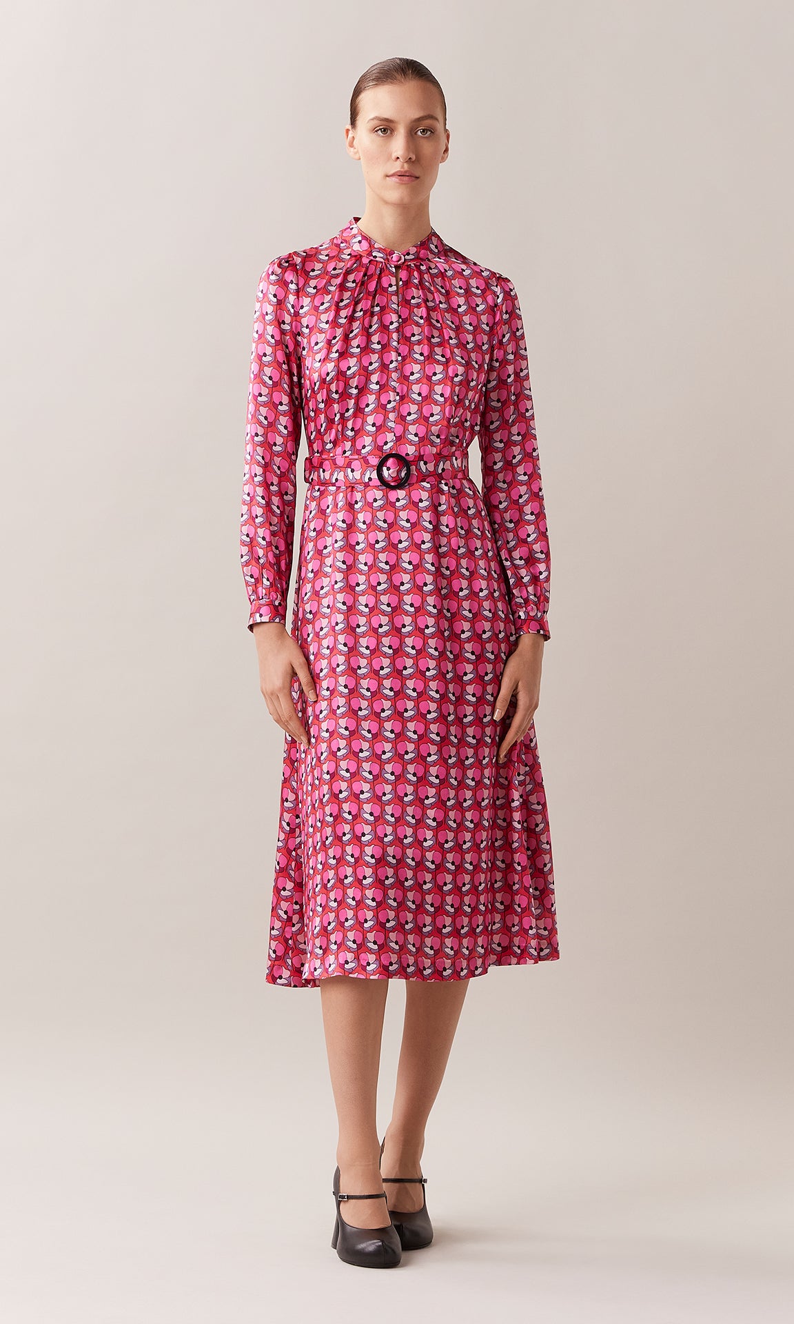 Viola luxurious pure silk satin belted stand collar gathered neck long cuff sleeve A-line midi dress with belt buckle in cerise pink floral poppy print