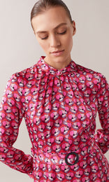 Viola luxurious pure silk satin belted stand collar gathered neck long cuff sleeve A-line midi dress with belt buckle in cerise pink floral poppy print