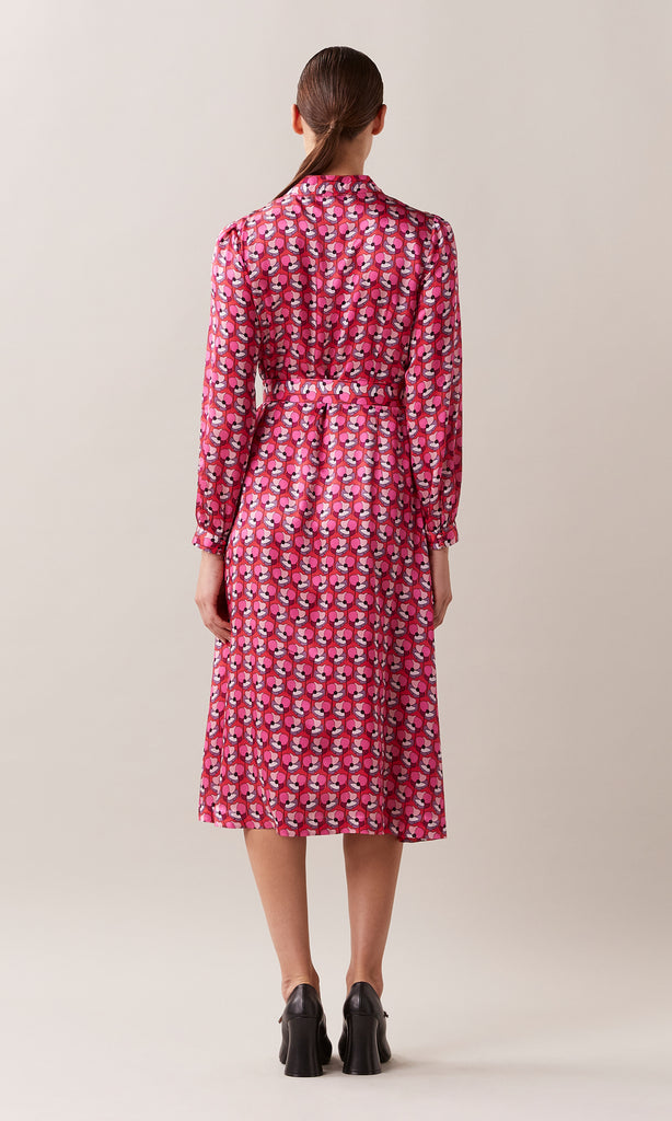 Viola luxurious pure silk satin belted stand collar gathered neck long cuff sleeve A-line midi dress with belt buckle in cerise pink floral poppy print