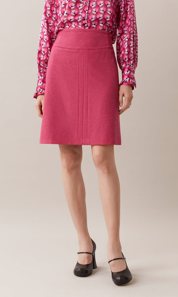 Hobbs sumptuous wool blend melton tailored wide waistband A-line mini knee length skirt with centre front panel detailing in hot pink